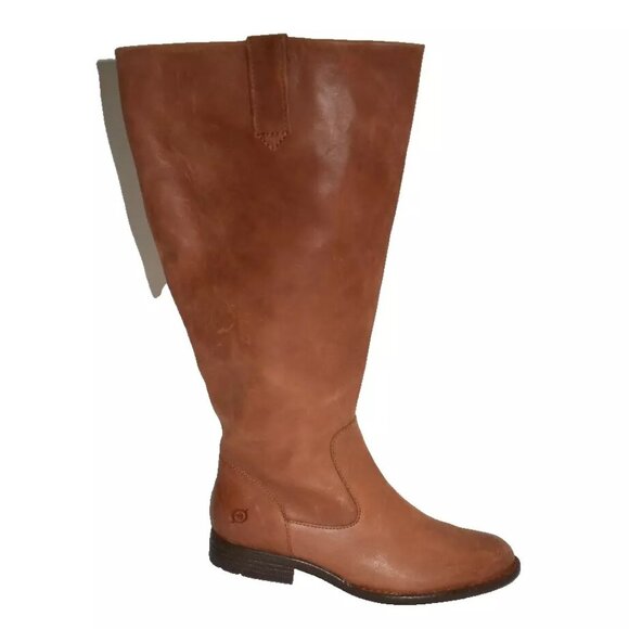 New BORN Shaunie Cognac Leather Knee High Boots Wide Calf WC 7 M Br0040857 DD447 - Picture 1 of 7
